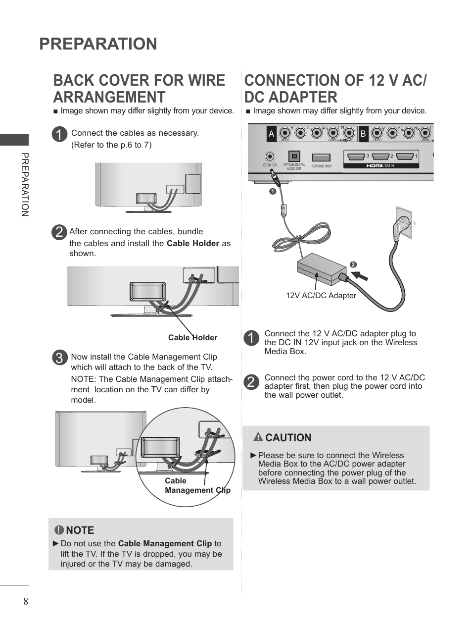 Back cover for wire arrangement, Conection of 12 v ac/dc adapter, Preparation | Caution | LG AN-WL100W User Manual | Page 8 / 25