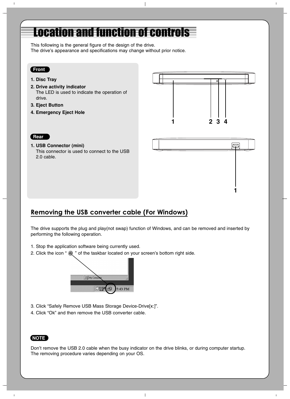 Location and function of controls, Removing the usb converter cable (for windows) | LG GP50NB40 User Manual | Page 2 / 4