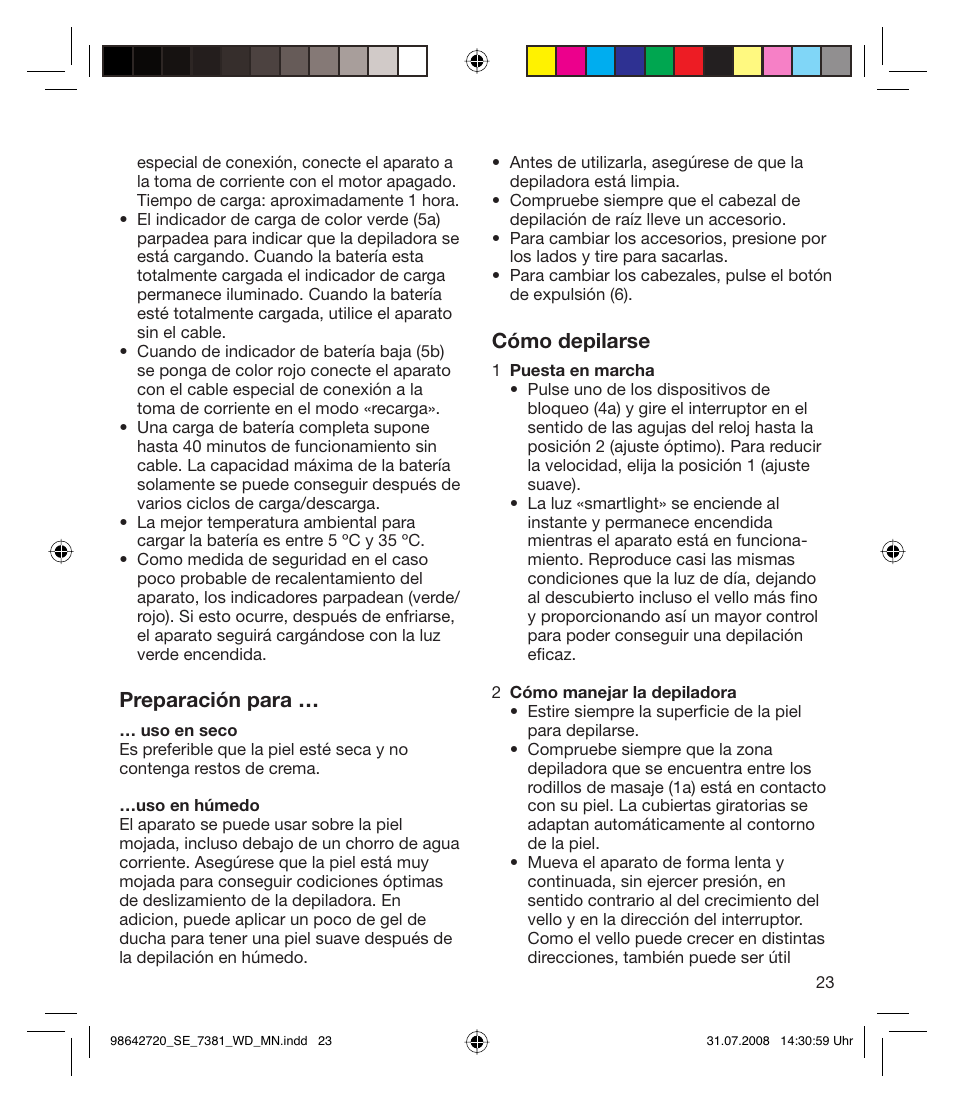 Preparación para, Cómo depilarse | Braun 7381 User Manual | Page 22 / 85