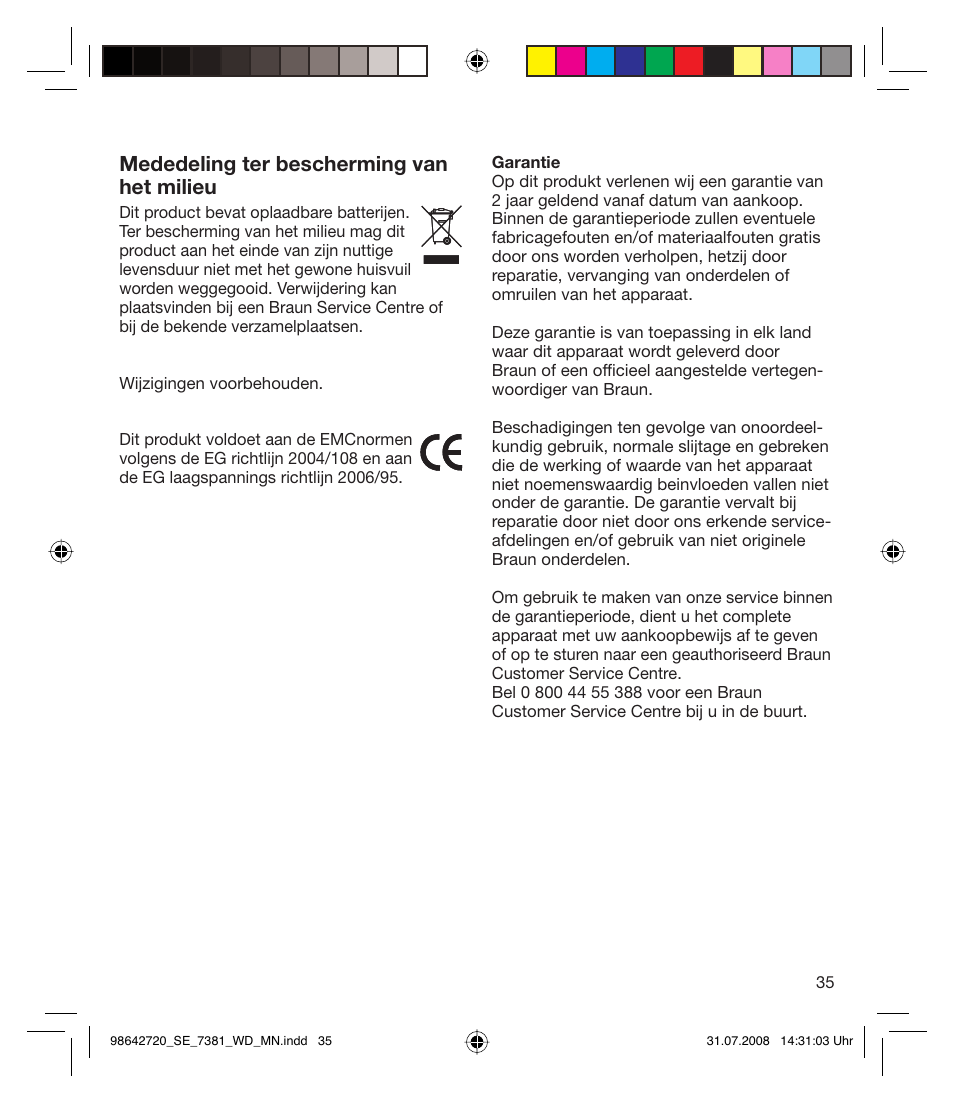 Mededeling ter bescherming van het milieu | Braun 7381 User Manual | Page 34 / 85