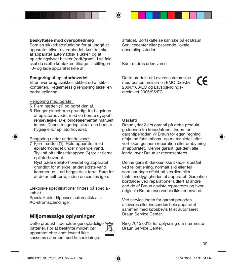 Miljømæssige oplysninger | Braun 7381 User Manual | Page 38 / 85