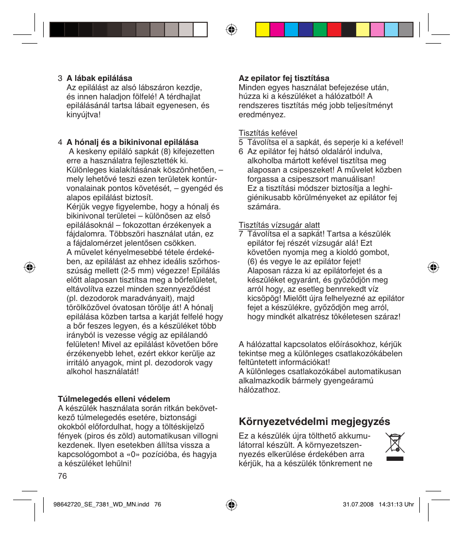 Környezetvédelmi megjegyzés | Braun 7381 User Manual | Page 75 / 85