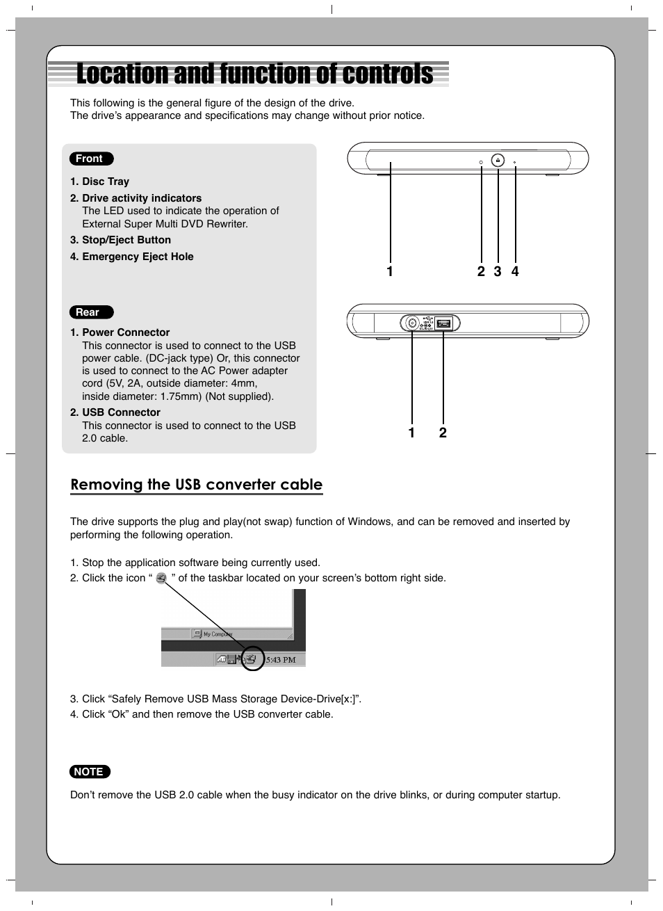 Location and function of controls, Removing the usb converter cable | LG GSA-E50L User Manual | Page 2 / 4