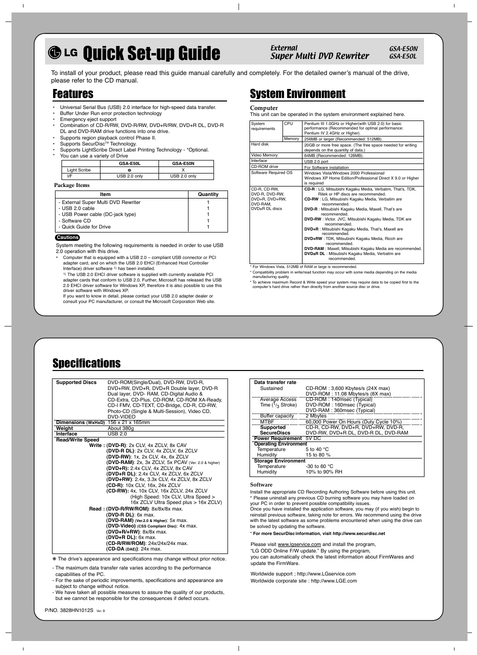 Quick set-up guide, Features, System environment | Specifications, Super multi dvd rewriter | LG GSA-E50L User Manual | Page 3 / 4