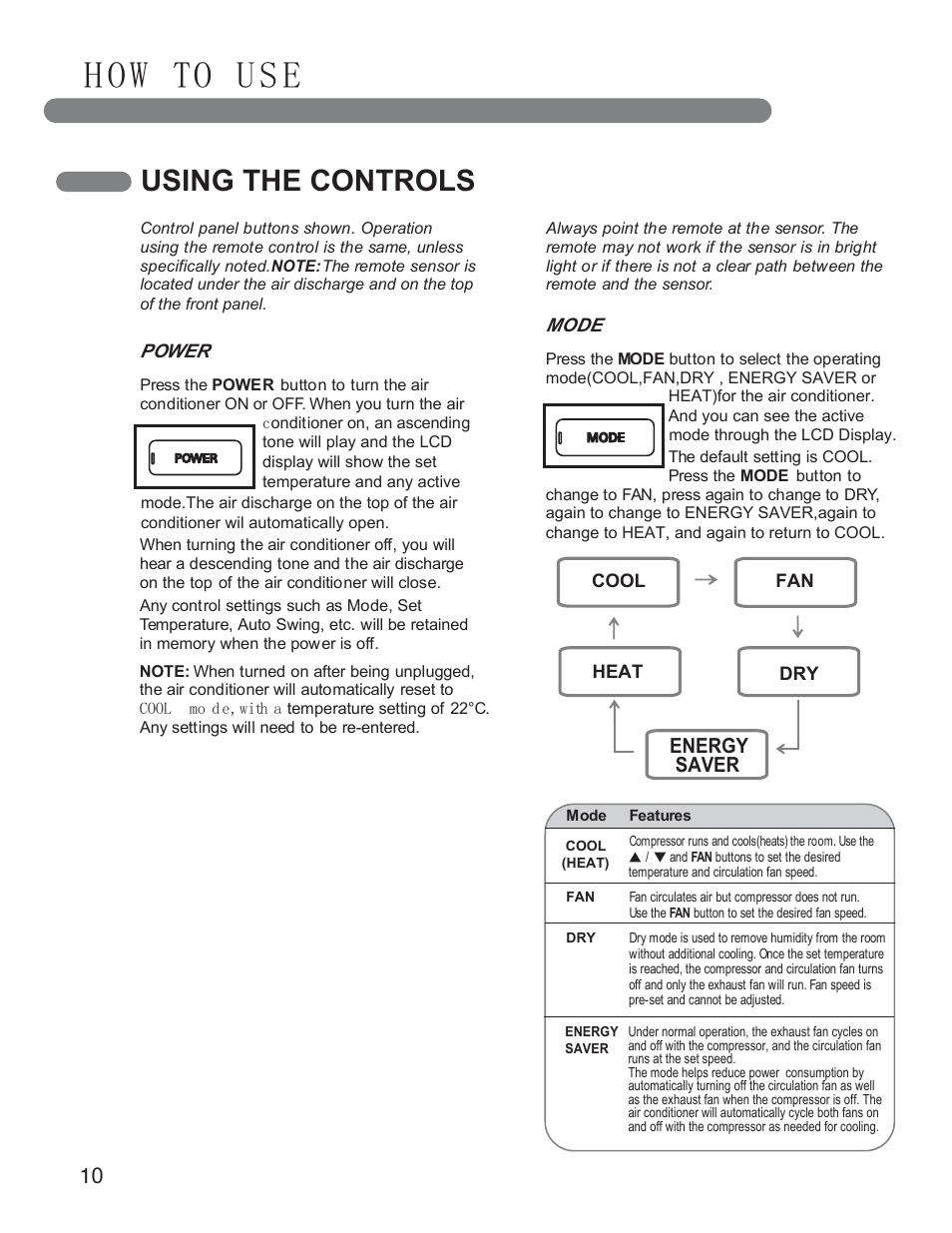 H o w to u s e, Using the controls, Energy saver | LG LP1411SHR User Manual | Page 10 / 48