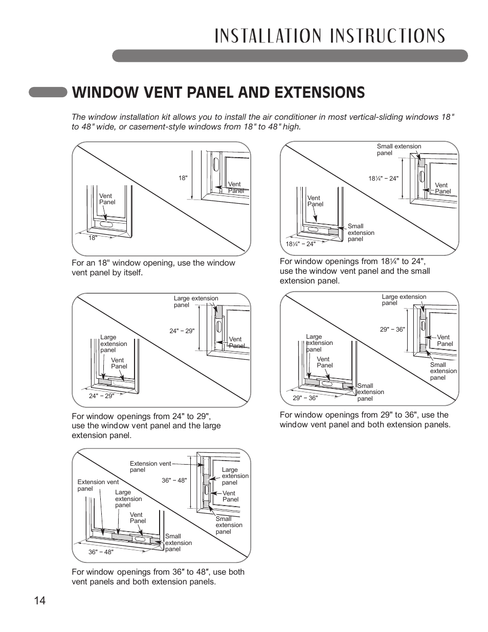 Window vent panel and extensions | LG LP1411SHR User Manual | Page 14 / 48