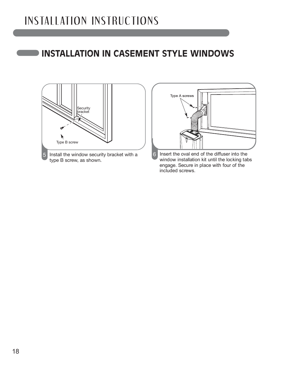 Installation instructions, Installation in casement style windows | LG LP1411SHR User Manual | Page 18 / 48