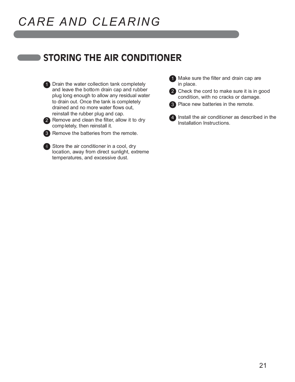 Care and clearing, Storing the air conditioner | LG LP1411SHR User Manual | Page 21 / 48