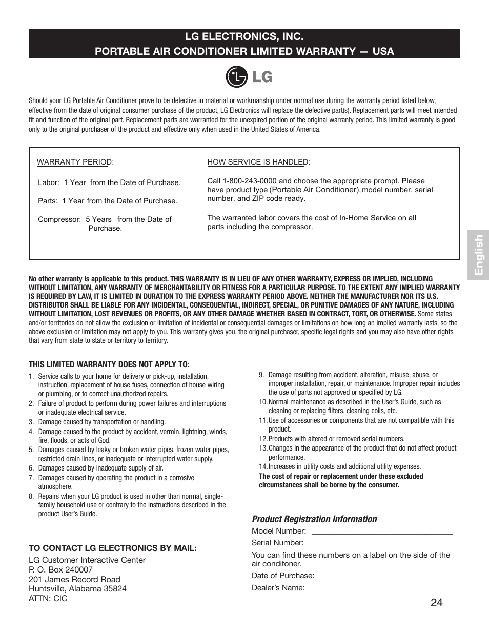 24 english | LG LP1411SHR User Manual | Page 24 / 48