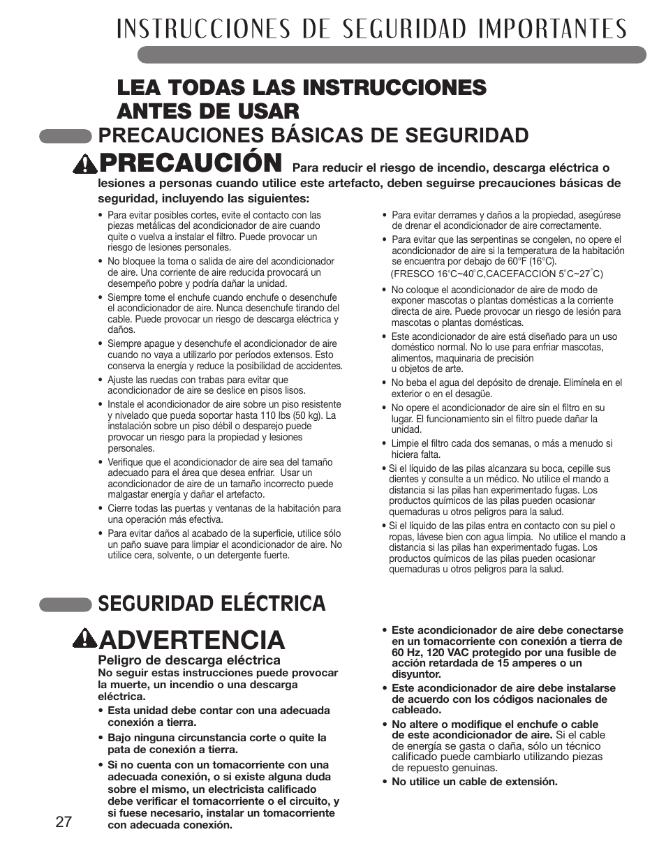 Precaución, Advertencia, Lea todas las instrucciones antes de usar | Seguridad eléctrica, Precauciones básicas de seguridad | LG LP1411SHR User Manual | Page 27 / 48