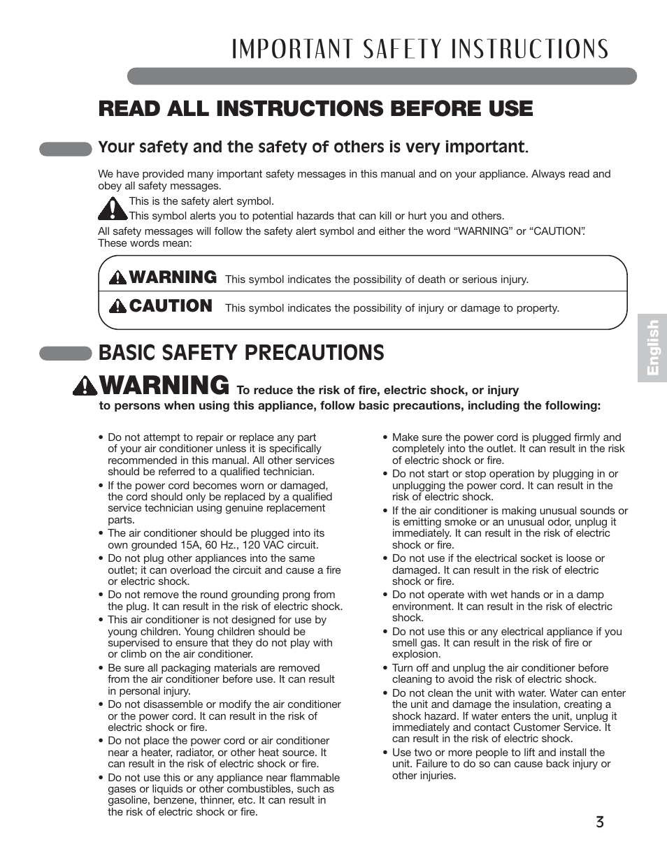 Important safety instructions, Read all instructions before use, Basic safety precautions | Warning, Caution, 3english | LG LP1411SHR User Manual | Page 3 / 48