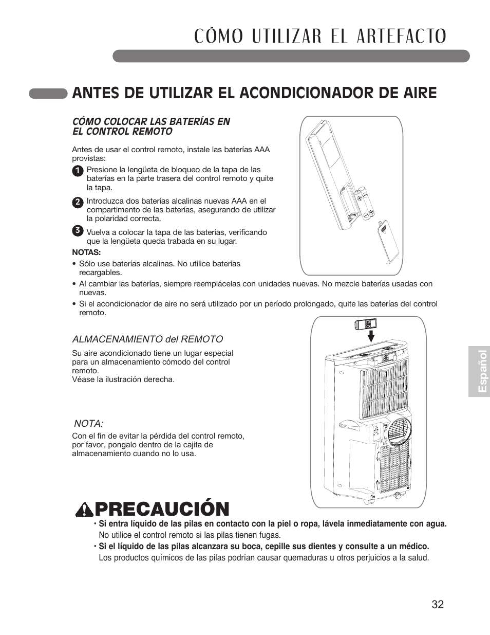 Precaución, Antes de utilizar el acondicionador de aire, 32 español | LG LP1411SHR User Manual | Page 32 / 48