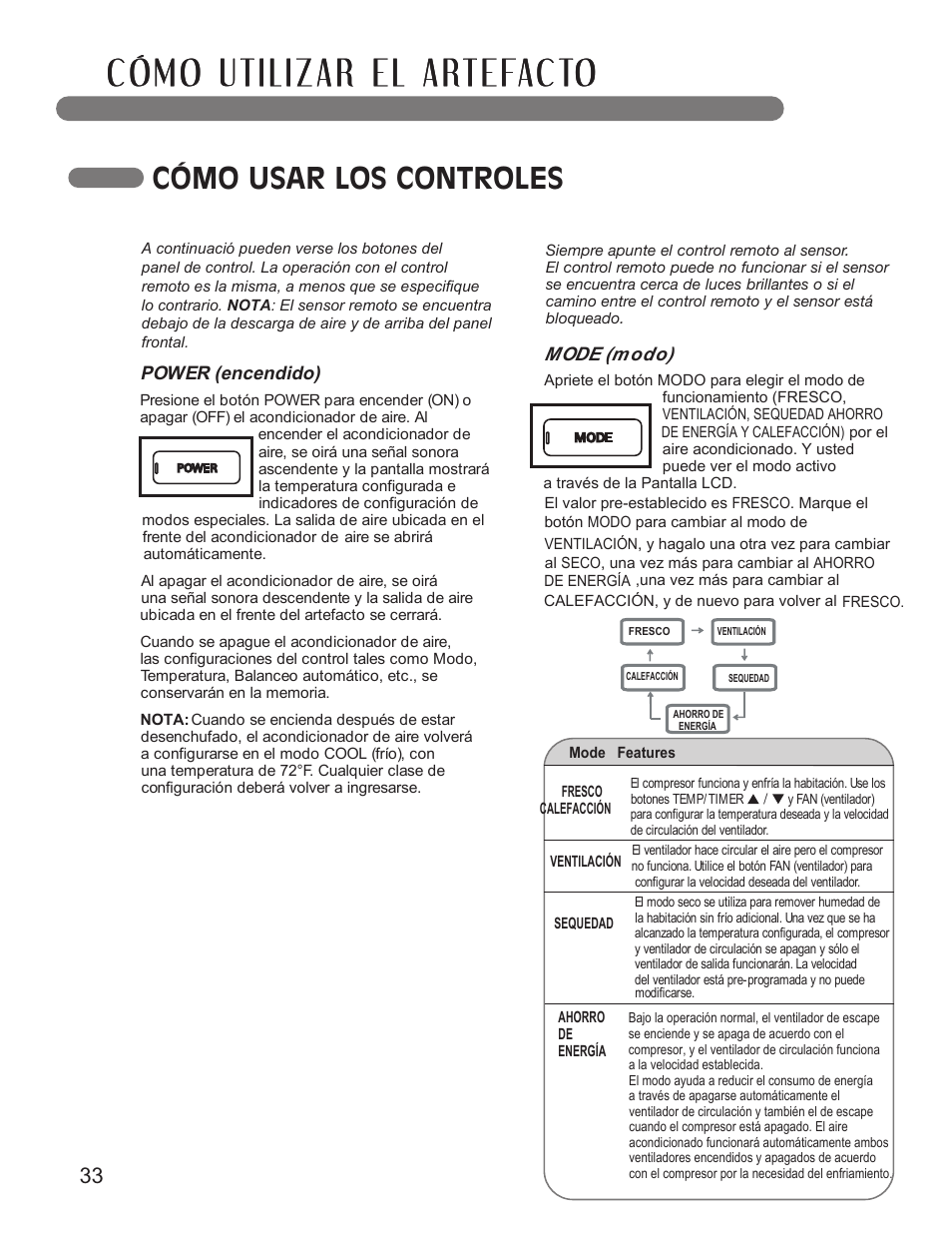 Cómo usar los controles, Power (encendido), Mode (modo) | LG LP1411SHR User Manual | Page 33 / 48