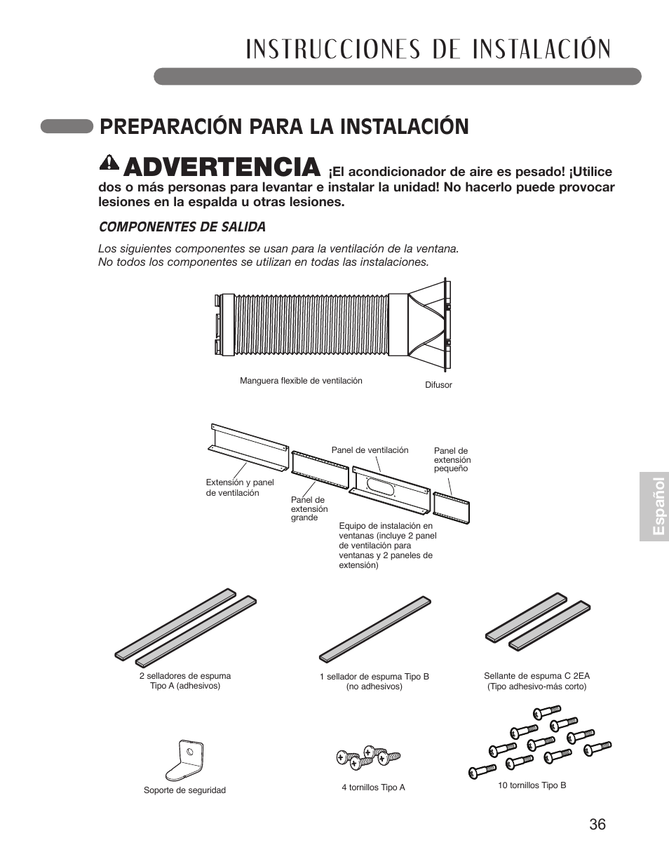 Advertencia, Preparación para la instalación, 36 español | LG LP1411SHR User Manual | Page 36 / 48