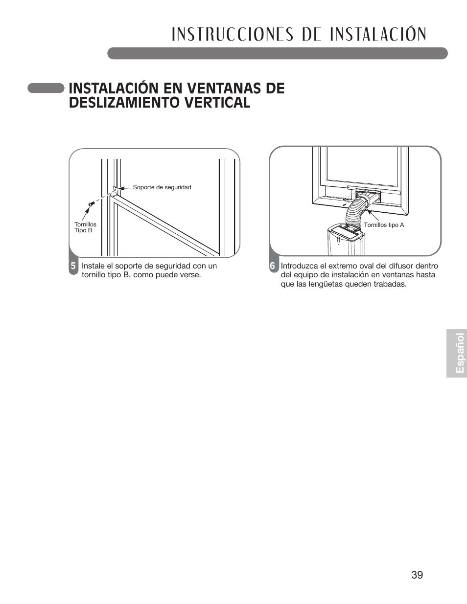 Instalación en ventanas de deslizamiento vertical | LG LP1411SHR User Manual | Page 39 / 48