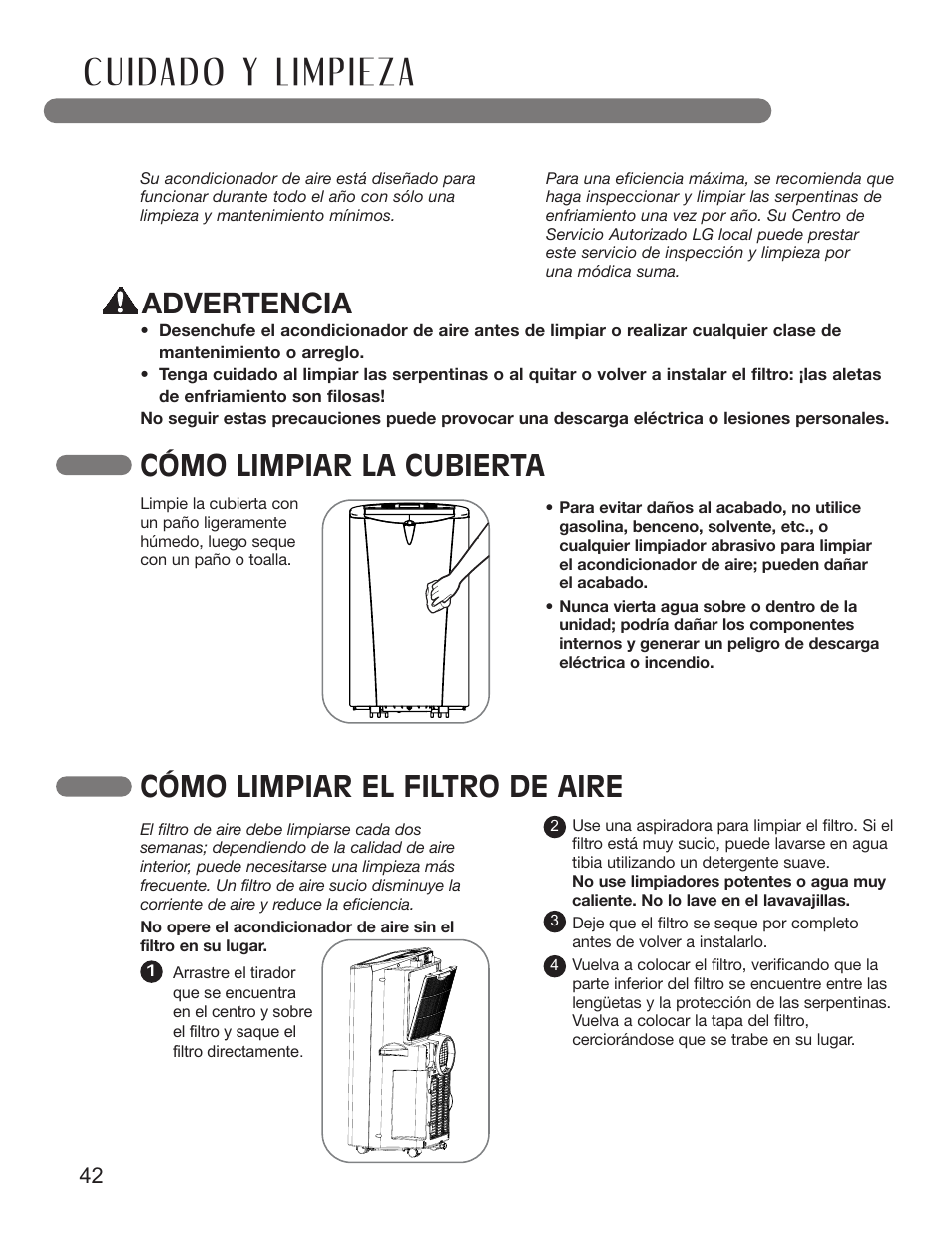 Cómo limpiar la cubierta, Cómo limpiar el filtro de aire, Advertencia | LG LP1411SHR User Manual | Page 42 / 48