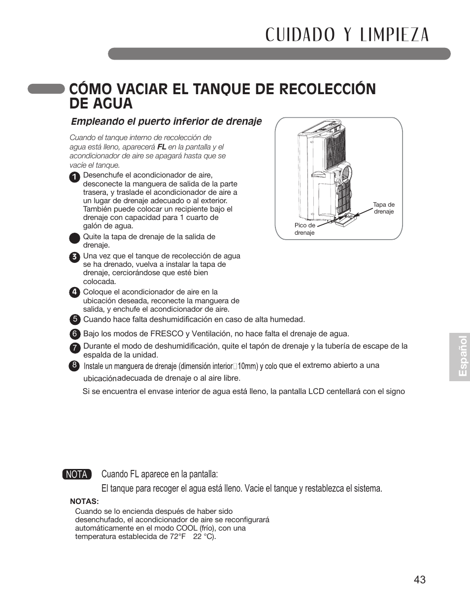 Cómo vaciar el tanque de recolección de agua, 43 español | LG LP1411SHR User Manual | Page 43 / 48