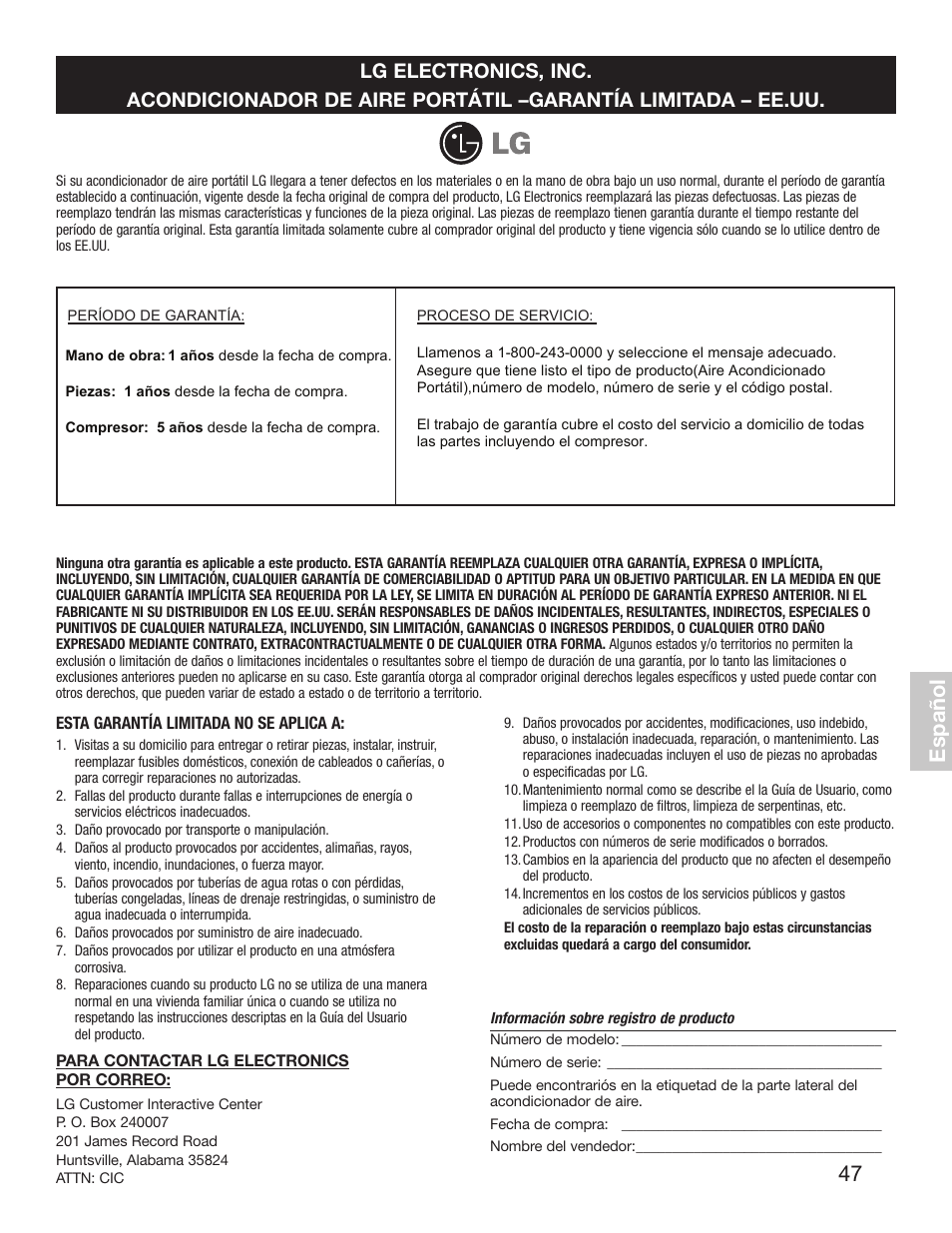 Español | LG LP1411SHR User Manual | Page 47 / 48