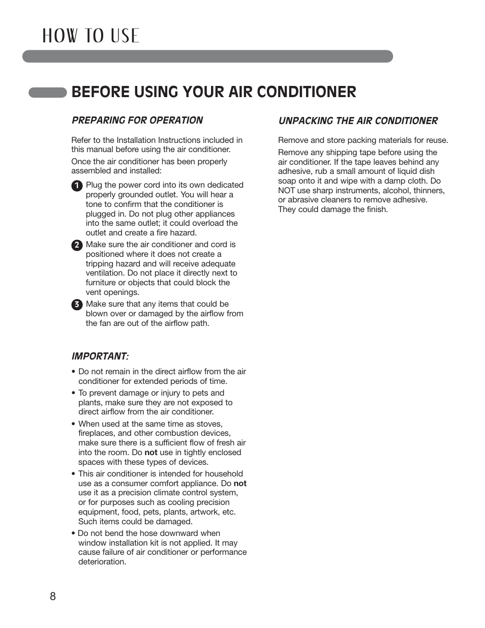 How to use, Before using your air conditioner | LG LP1411SHR User Manual | Page 8 / 48