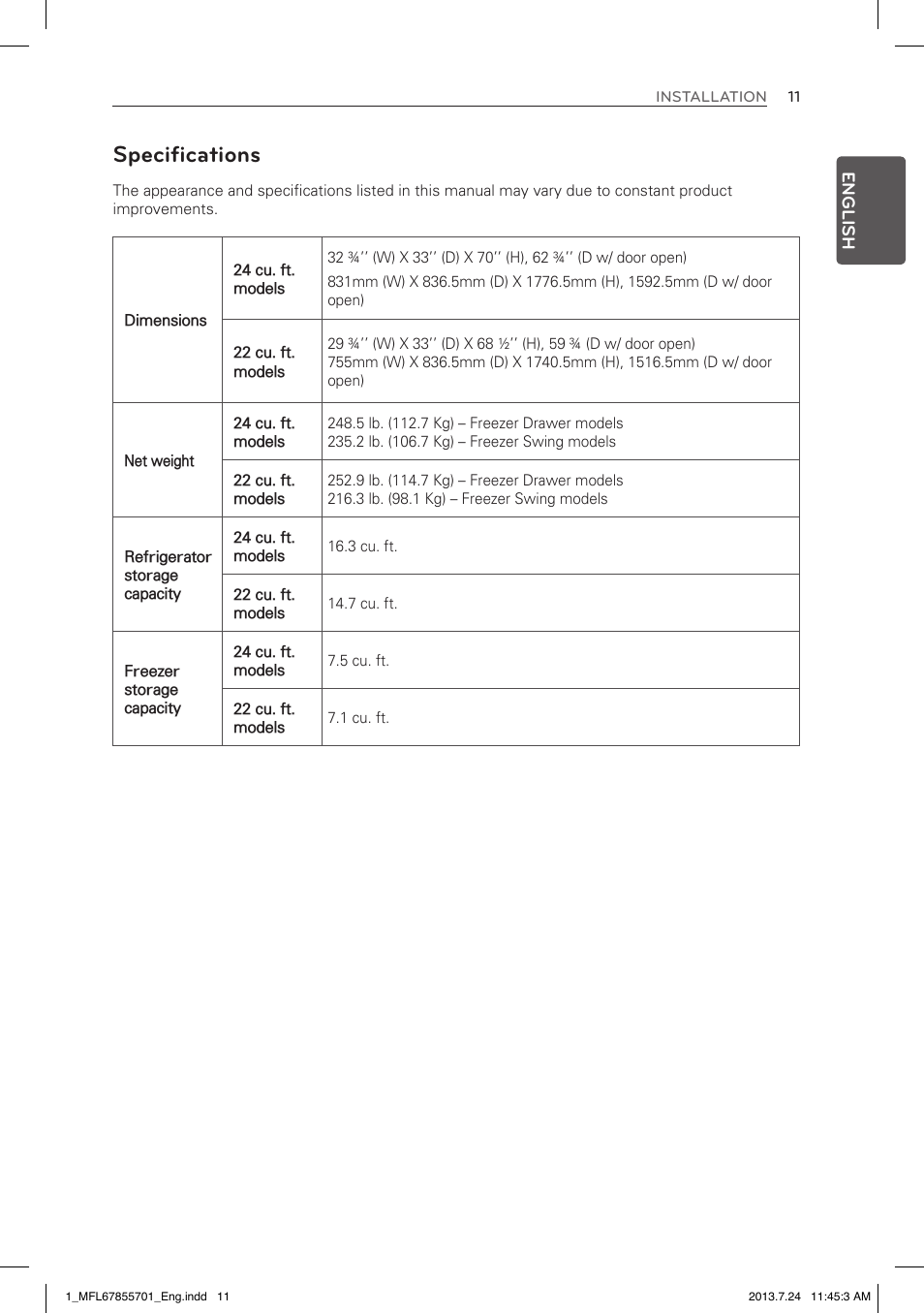 Specifications | LG LBC24360SW User Manual | Page 11 / 59