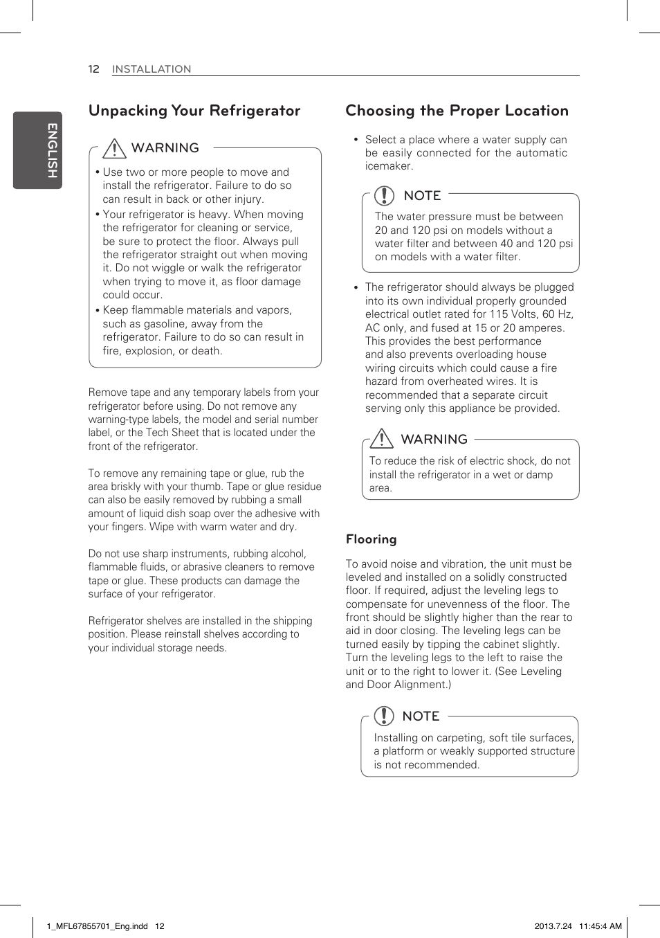 Choosing the proper location, Unpacking your refrigerator | LG LBC24360SW User Manual | Page 12 / 59
