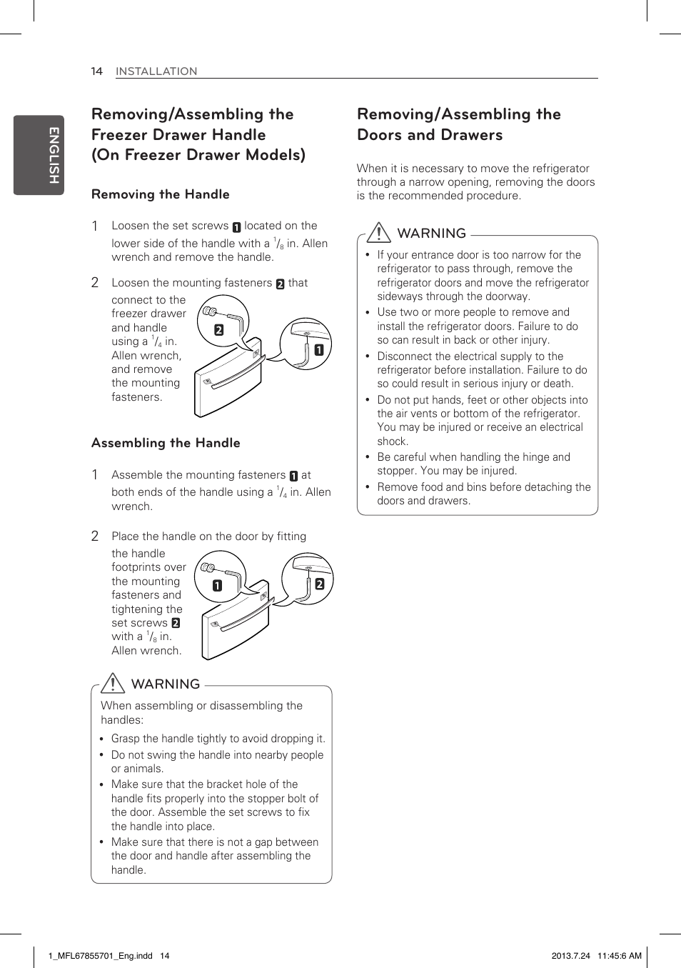 Removing/assembling the doors and drawers, Warning, Removing the handle 1 | Assembling the handle 1 | LG LBC24360SW User Manual | Page 14 / 59