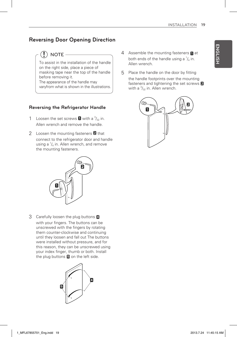 Reversing door opening direction, Reversing the refrigerator handle 1, English | LG LBC24360SW User Manual | Page 19 / 59