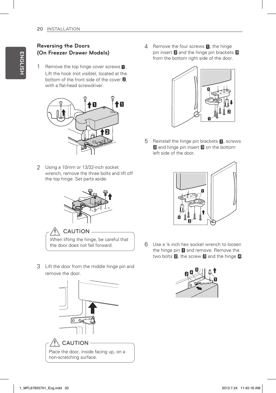 Reversing the doors (on freezer drawer models), Caution | LG LBC24360SW User Manual | Page 20 / 59