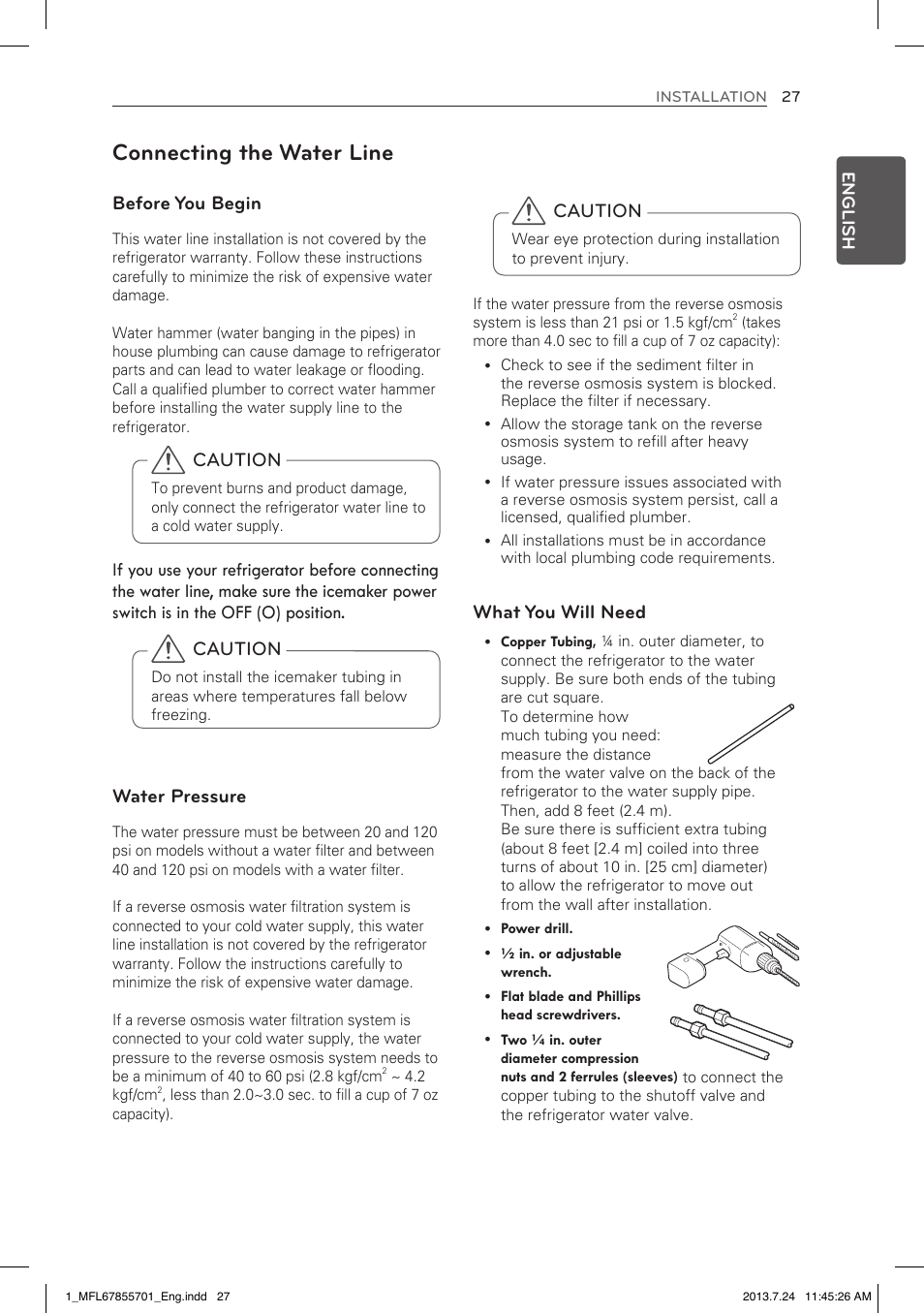 Connecting the water line | LG LBC24360SW User Manual | Page 27 / 59