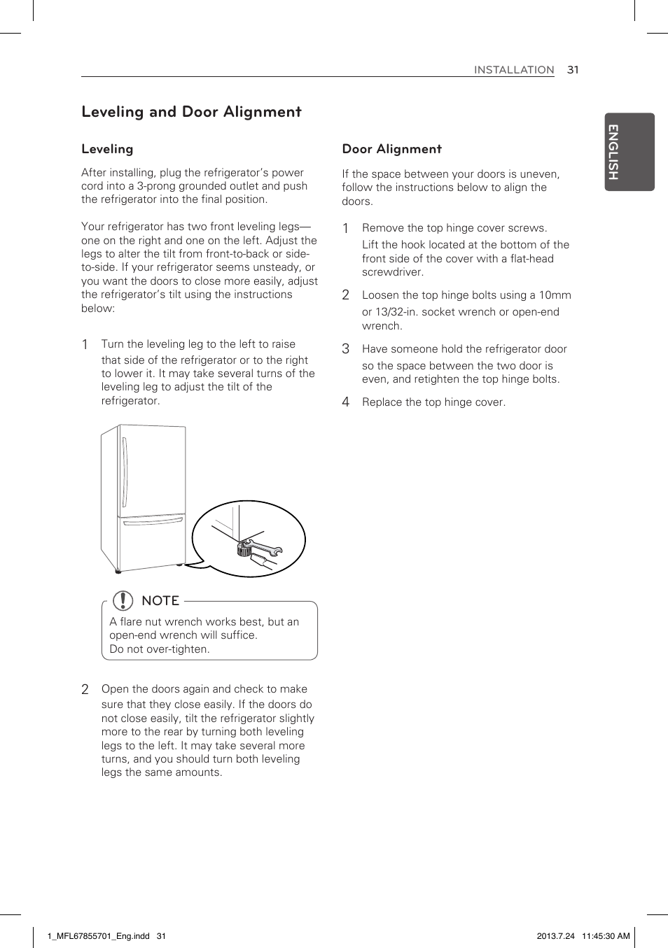 Leveling and door alignment | LG LBC24360SW User Manual | Page 31 / 59
