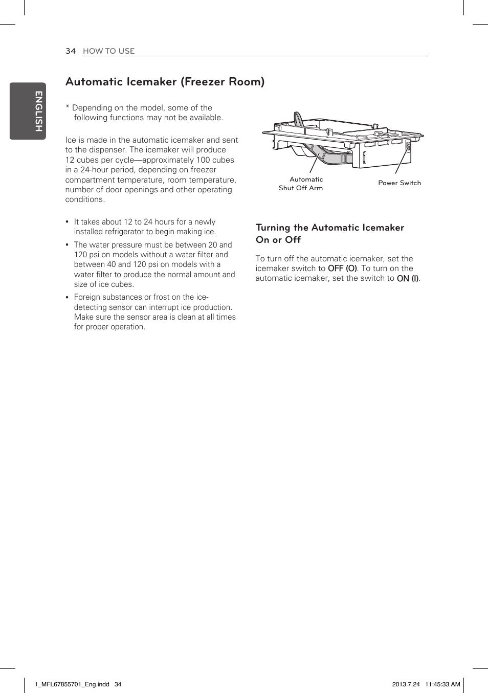 Automatic icemaker (freezer room), Turning the automatic icemaker on or off | LG LBC24360SW User Manual | Page 34 / 59