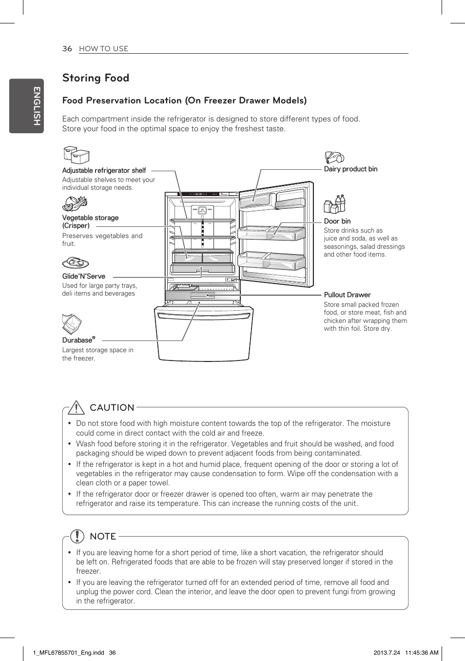 Storing food, Caution, English | LG LBC24360SW User Manual | Page 36 / 59