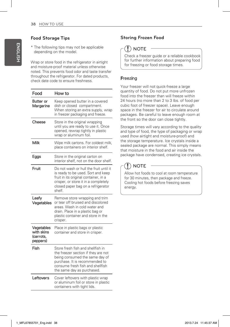 Food storage tips, Storing frozen food | LG LBC24360SW User Manual | Page 38 / 59