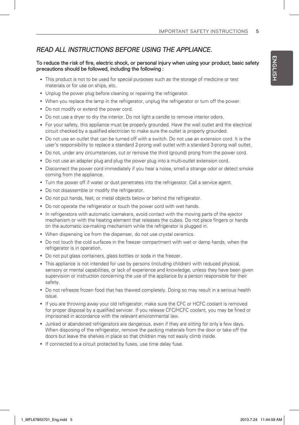Read all instructions before using the appliance | LG LBC24360SW User Manual | Page 5 / 59