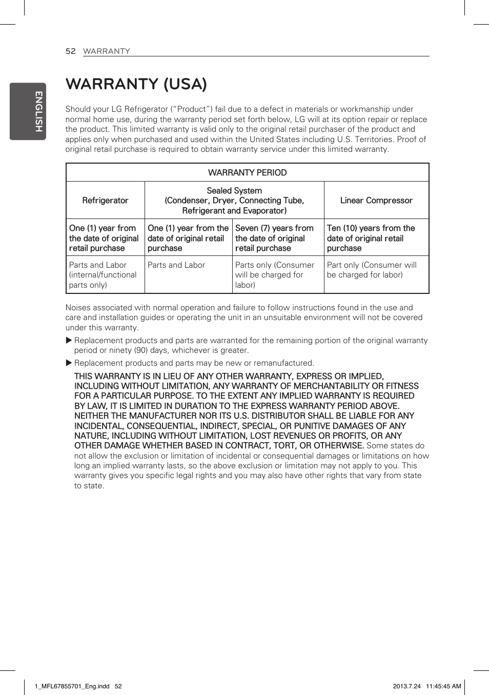 Warranty (usa) | LG LBC24360SW User Manual | Page 52 / 59