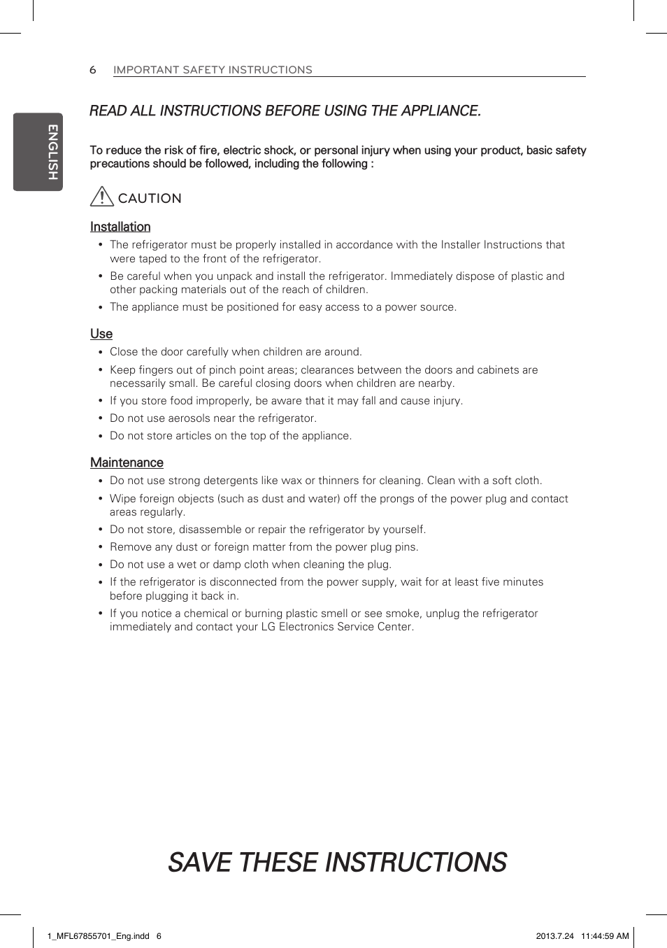 Save these instructions, Caution, Read all instructions before using the appliance | LG LBC24360SW User Manual | Page 6 / 59