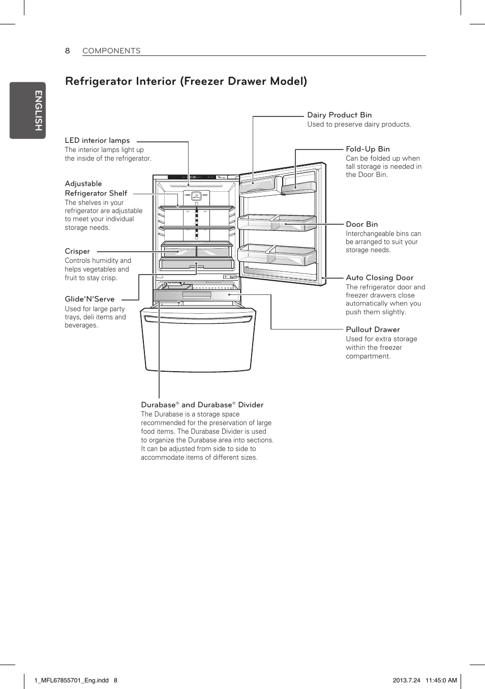 Refrigerator interior (freezer drawer model), English | LG LBC24360SW User Manual | Page 8 / 59