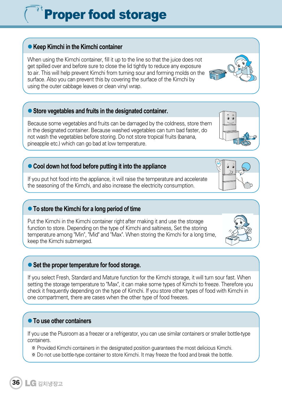 Proper food storage | LG GR-J303UG User Manual | Page 36 / 44