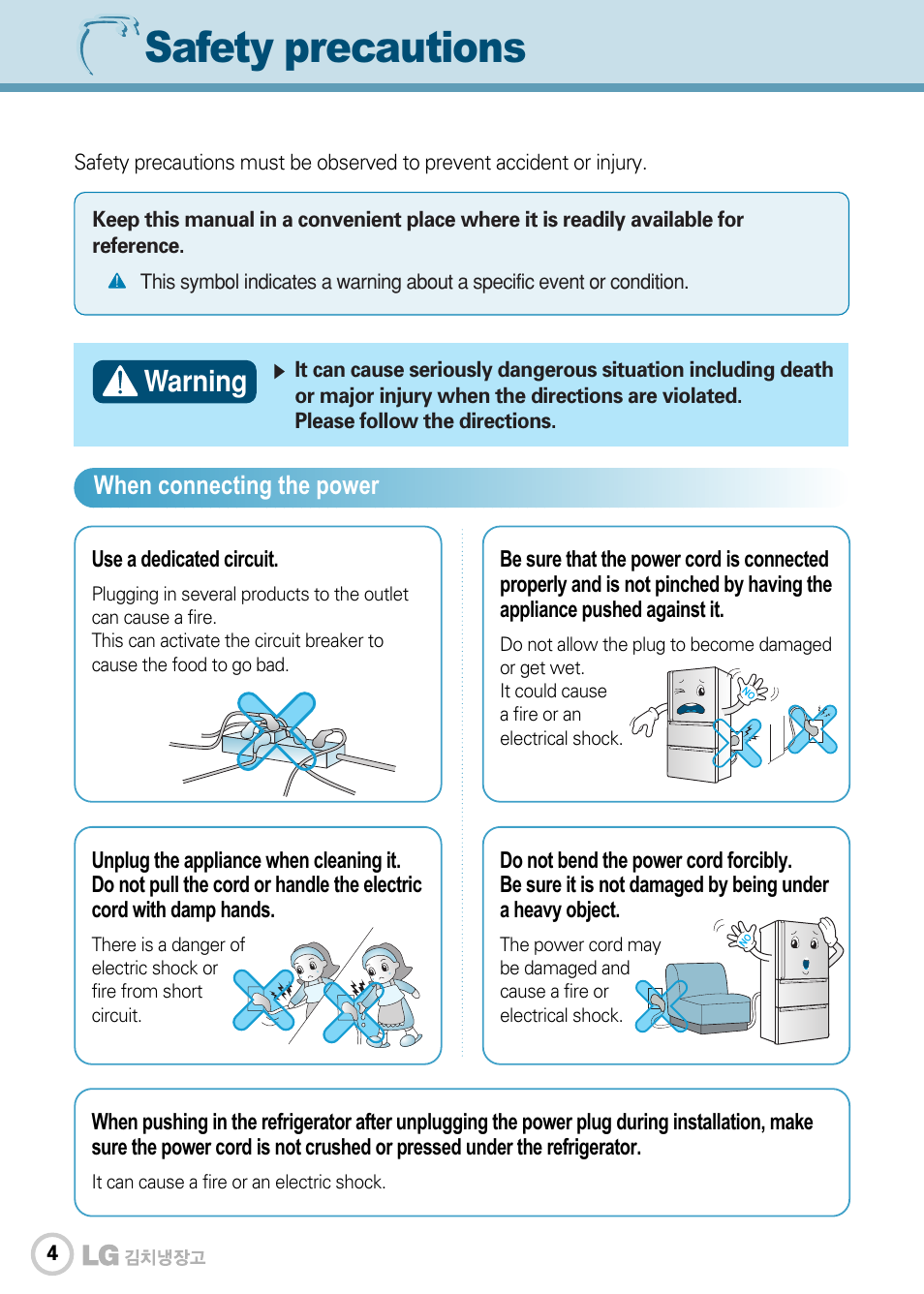 Safety precautions, Warning | LG GR-J303UG User Manual | Page 4 / 44