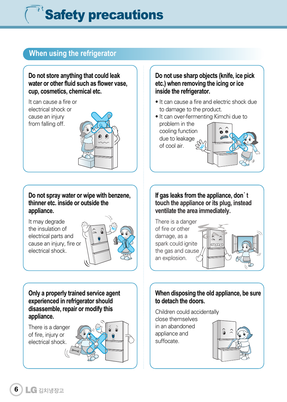 Safety precautions | LG GR-J303UG User Manual | Page 6 / 44