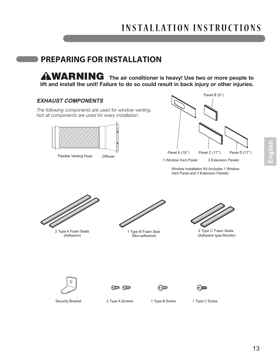 Warning, Preparing for installation, English | LG LP1013WNR User Manual | Page 13 / 26