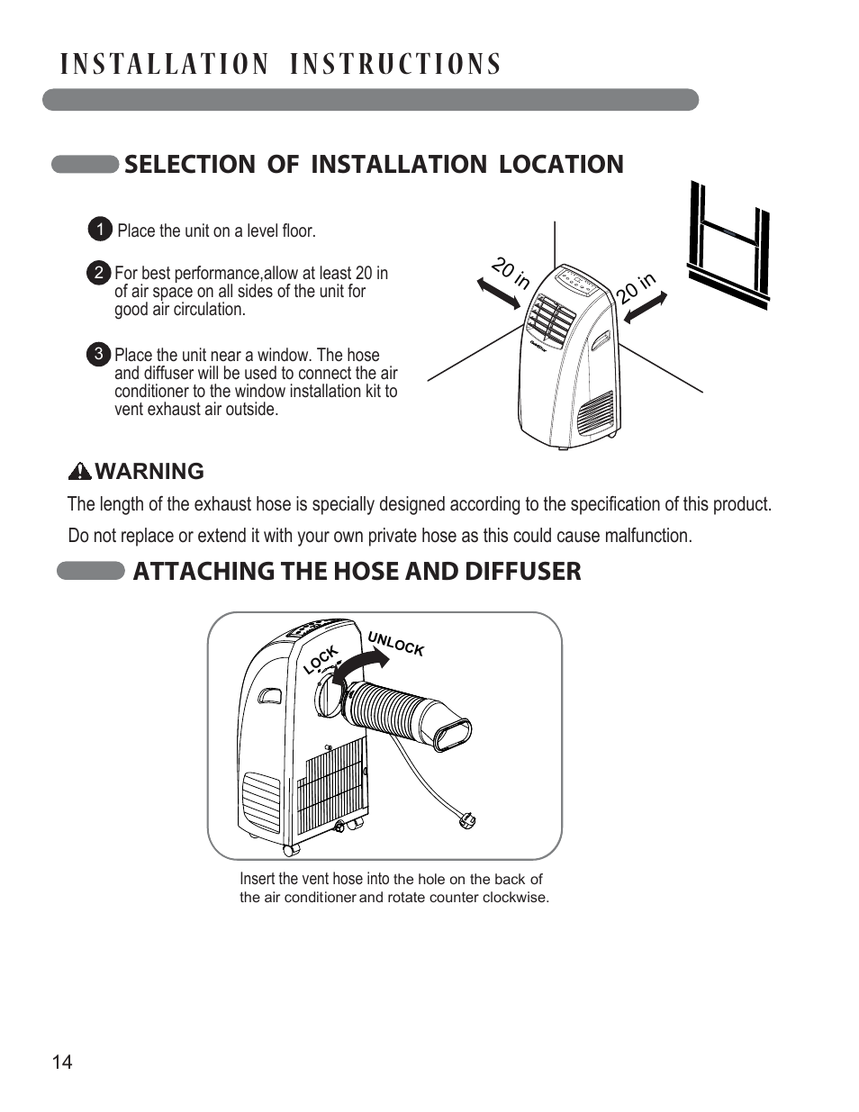 Selection of installation location, Attaching the hose and diffuser | LG LP1013WNR User Manual | Page 14 / 26
