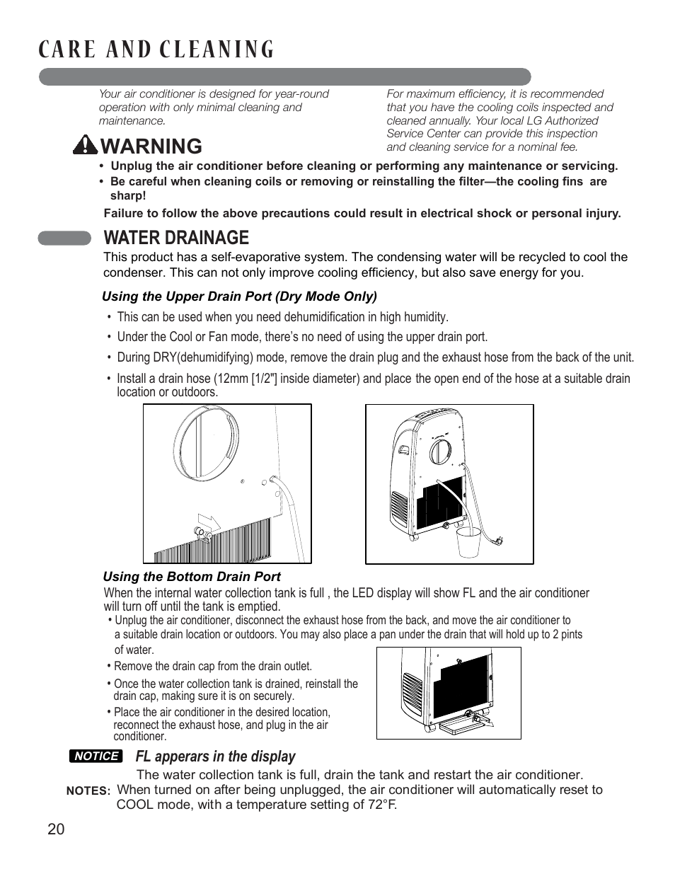 Warning, Water drainage a | LG LP1013WNR User Manual | Page 20 / 26