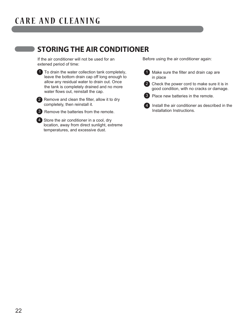Storing the air conditioner | LG LP1013WNR User Manual | Page 22 / 26