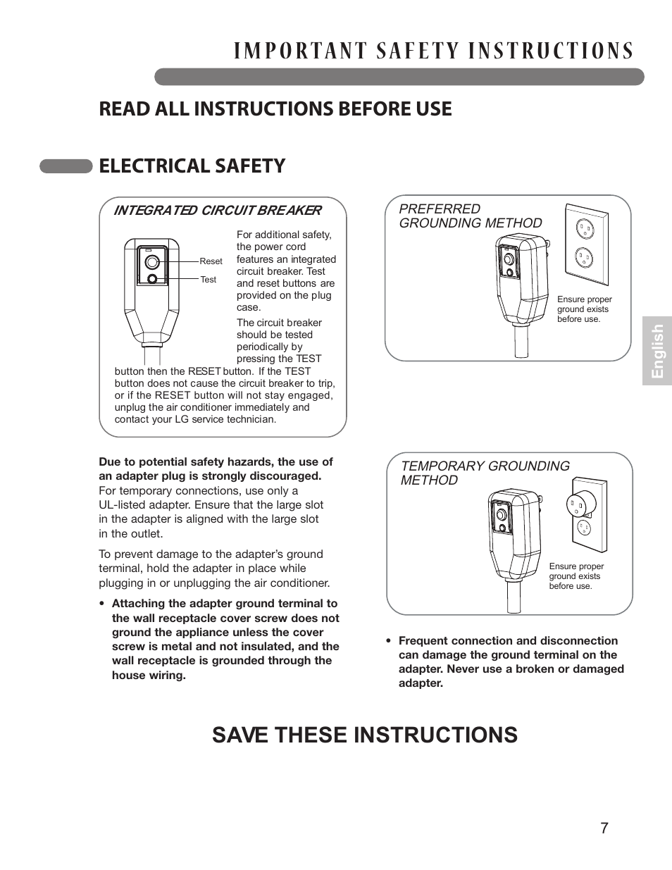 Save these instructions, Read all instructions before use, Electrical safety | 7english | LG LP1013WNR User Manual | Page 7 / 26