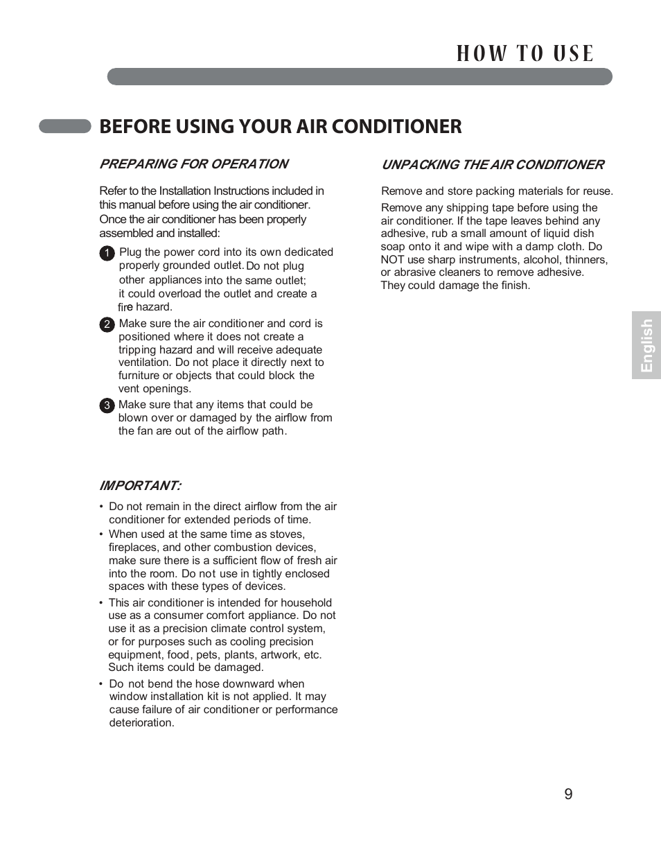 Before using your air conditioner, 9english | LG LP1013WNR User Manual | Page 9 / 26