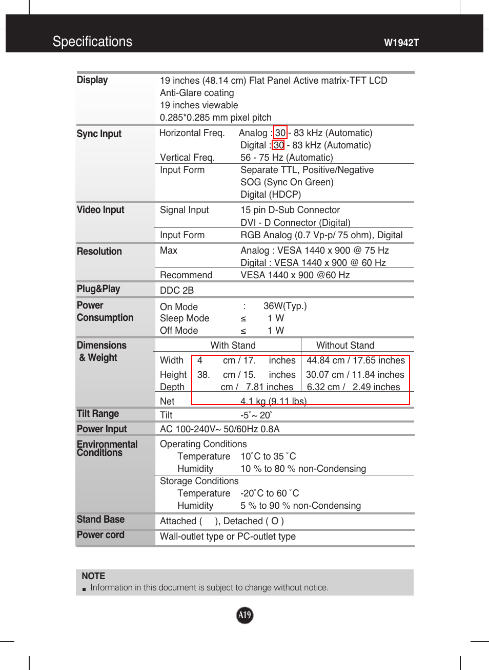 Specifications | LG W1942T-PF User Manual | Page 20 / 25