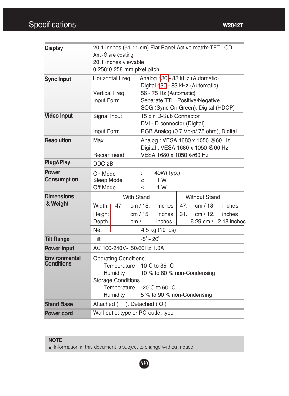 Specifications | LG W1942T-PF User Manual | Page 21 / 25