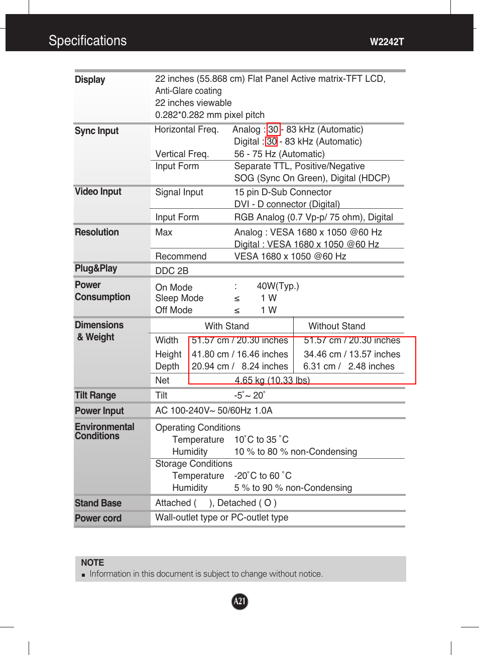 Specifications | LG W1942T-PF User Manual | Page 22 / 25