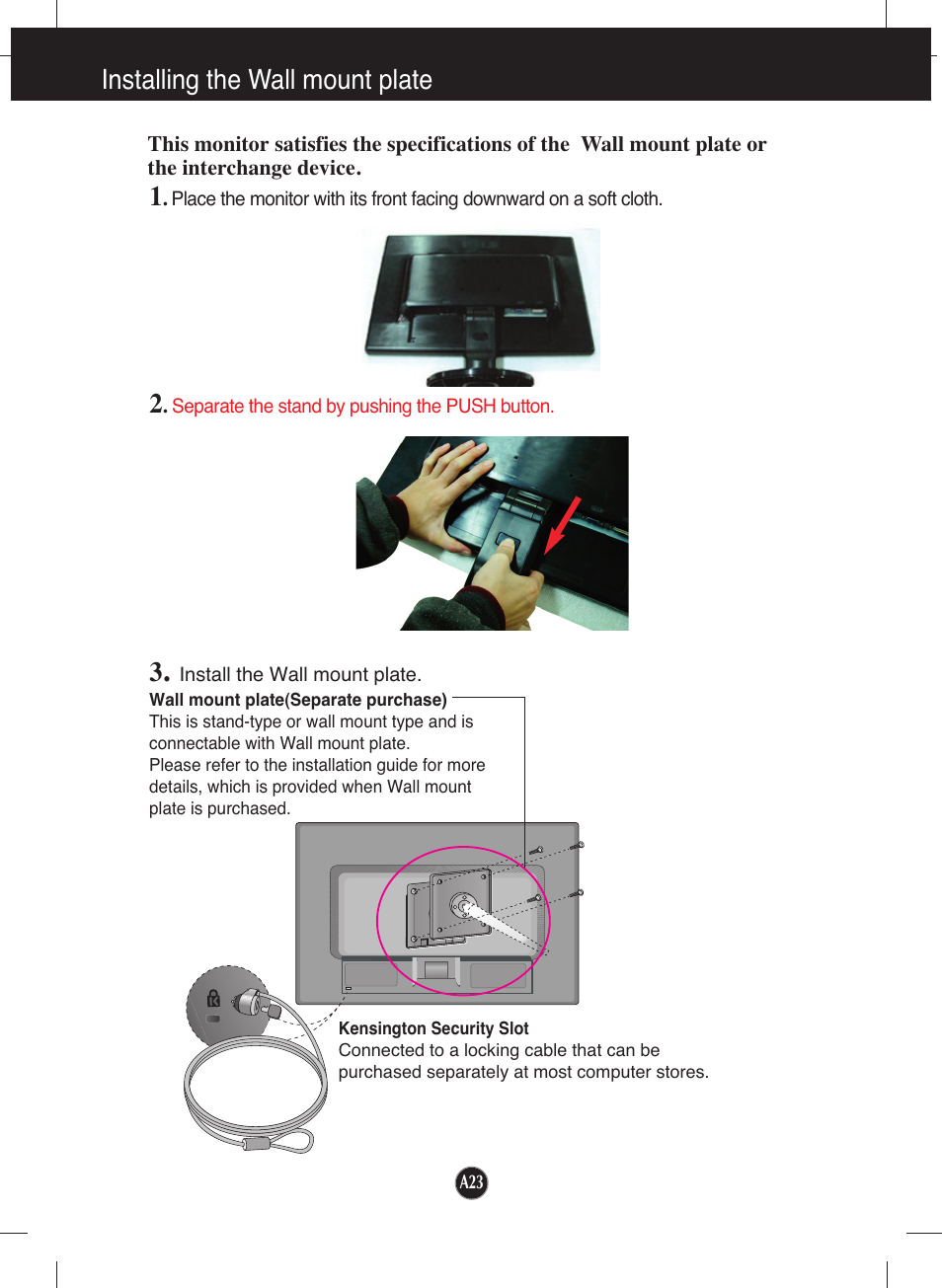 Installing the wall mount plate | LG W1942T-PF User Manual | Page 24 / 25